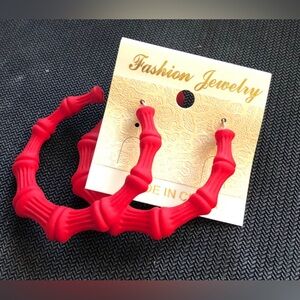 Bold Red Bamboo-Style Hoop Earrings